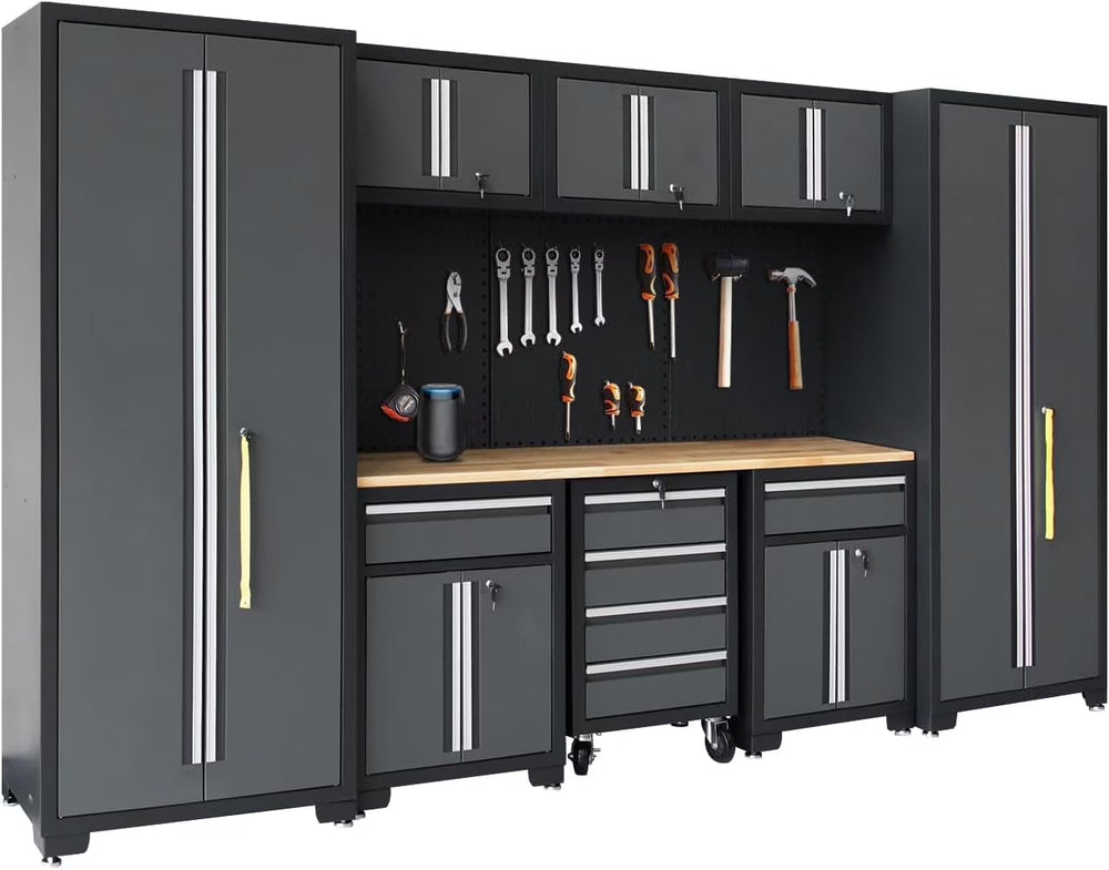 HPDMC Garage Storage Cabinet System 9-Pcs Workshop Set Metal Garage Cabinets and Storage System with Steel Cabinet Drawers, Rolling Chest, Workbench, Pegboard for Garage Tool Organization