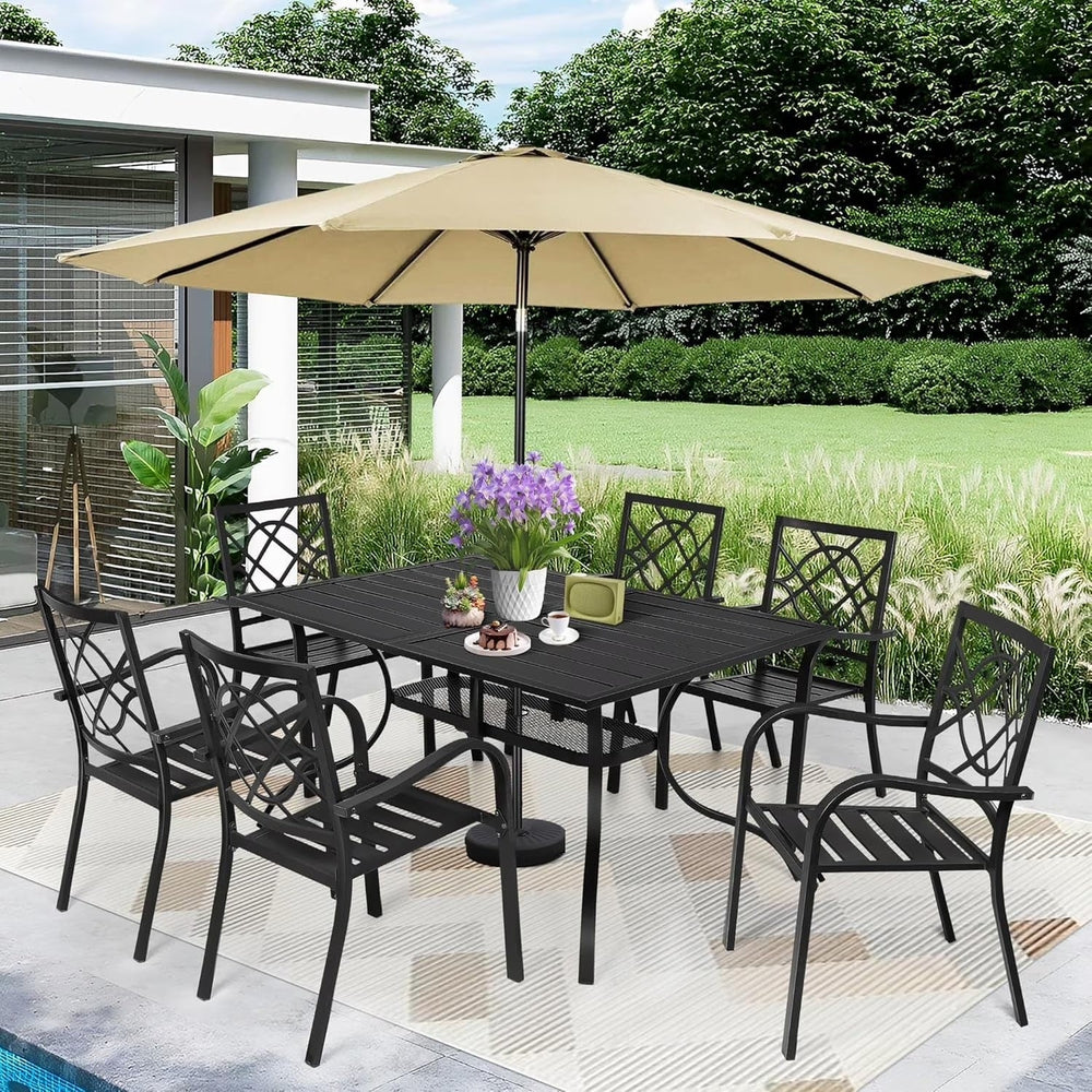 SUNCROWN 7-Piece Outdoor Wrought Iron Chairs and Table Patio Dining Furniture Set - 6 Stackable Metal Chairs, 1 Steel Slat Bistro Table and 1 Brown 9Ft Patio Umbrella for Garden Backyard Deck