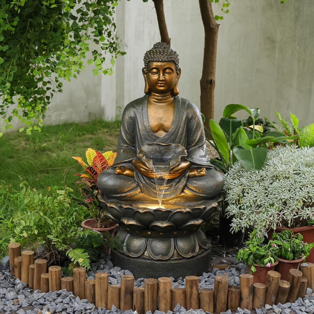 Buddha Water Fountain Outdoor Large Sitting Lotus Base Waterfall Fountains Zen Water Feature Indoor with LED Light for Garden Patio Backyard Deck Lawn Porch Balcony Home 45 inches Gold
