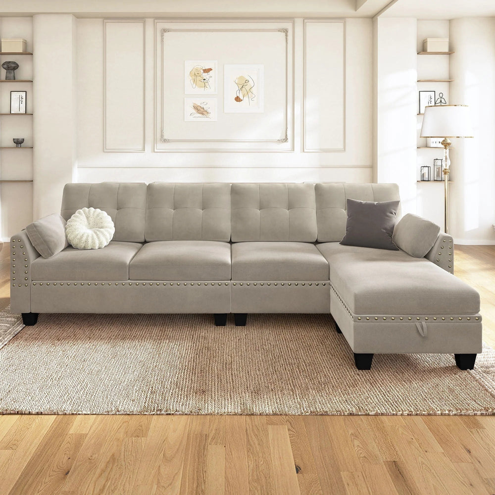 HONBAY Velvet Convertible Sectional Sofa L Shaped Couch with Storage Ottoman Reversible Sectional Couch Sofa for Small Space,Light Grey